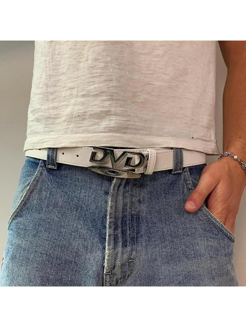 DVD Belt Buckle white leather belt. Very cool unique belt. Y2k style. 39 inches